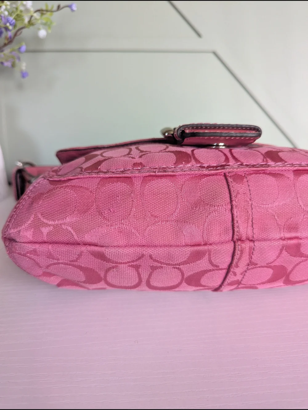 Coach Pink Signature Shoulder Bag with Buckle and Charm